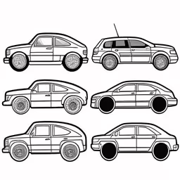 various silhouettes of different cars,four different types of cars that are outlined in black and white