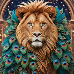 a lion with lots of feathers standing on a stage