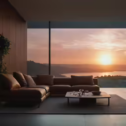the sun is setting and the couch looks like it has been placed near a large window