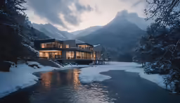 a house sits on a cliff by the river