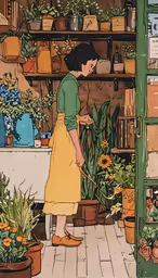 a woman in a flower shop is smelling the flowers
