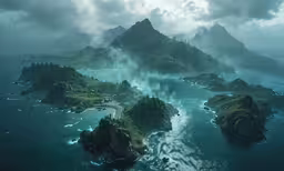 an island with water surrounding it and several small islands