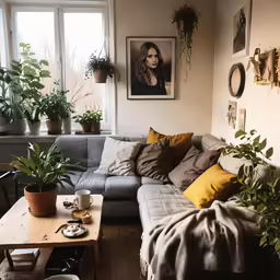 the living room is decorated with potted plants