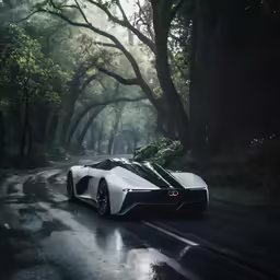 a very pretty sports car on the street in the rain