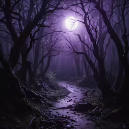a dark, foggy path that leads to trees