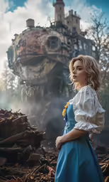 a woman in a blue dress is standing by a train