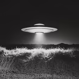 an alien hovering over the desert with tall grass