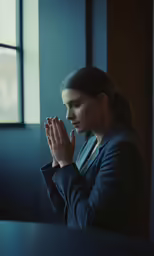 a woman sits in a darkened room and prays