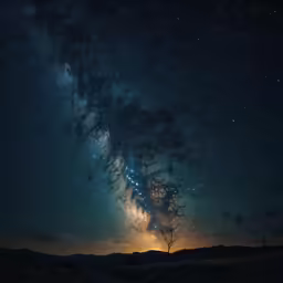 the night sky above some hills with a tree in front