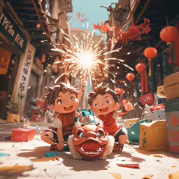 a group of children play around with a red dragon on the street