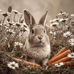 a rabbit and two orange carrots are in the grass