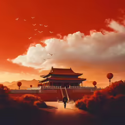 a painting depicting a chinese pavilion on an orange sky