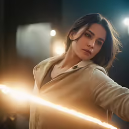 the woman has a flashlight glowing up the dark room