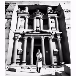 woman in front of church, with dog looking on