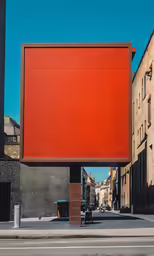 a very big red billboard above a city street