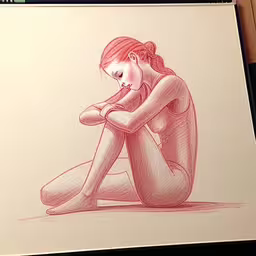 the drawing shows a woman on the ground and hands clasped,this is a drawing of a woman sitting