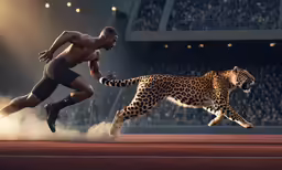 the man is running next to the large cat on the track