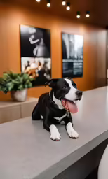 a black and white dog laying on a counter top