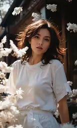 the woman is standing in a field with flowers