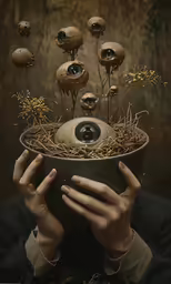 a hand holding a bowl with many items inside of it