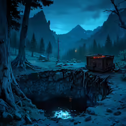 a picture of a scene that shows mountains and trees