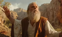 an older man wearing a brown vest standing in the mountains with his hands up