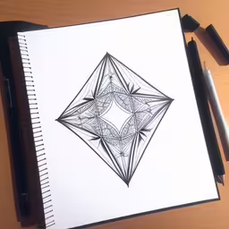 there is a pen and ink drawing on the paper,a white paper with a drawing on it,a drawing with some pen next to it,a black and white drawing of a square shaped object,drawing with pencils on a white paper next to a black marker and pen