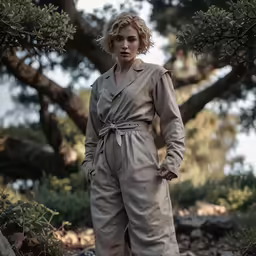 a person wearing an all white outfit standing in the wilderness