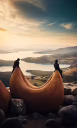 two people riding on top of large brown objects