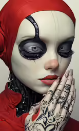 a woman in white and red is covering her face with her hands