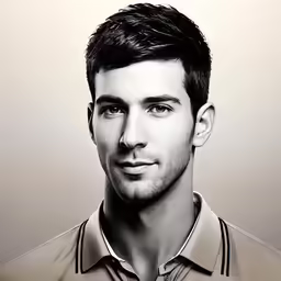 a man with a black haircut standing in front of a white background