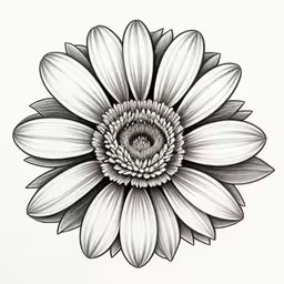 a large daisy flower drawing in grey and white,a drawing of a flower on paper