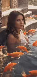 woman in white top in pool with orange fish