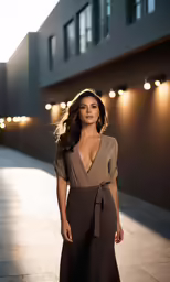 a woman in a tan and black dress