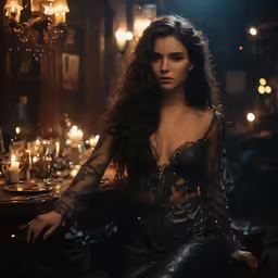 the model wears a shiny black dress in a dark room