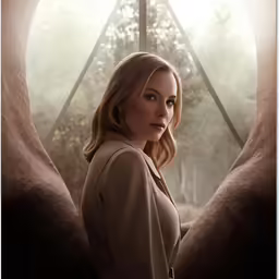 a poster of a woman standing next to trees