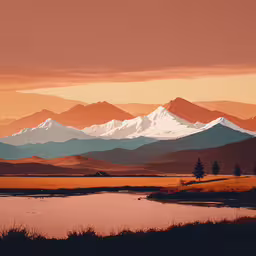 the mountains are covered in snow during sunset,a painting that is looking like mountains in the sunset
