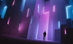 an image of a man standing in a cave filled with lights