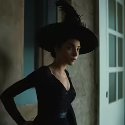 a woman wearing a black hat and dress