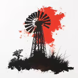 an ink - painting of a windmill with a tree on top of a hill