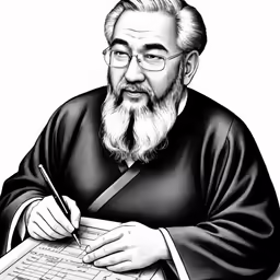 a drawing of a man with a long beard and glasses sitting and writing on an old keyboard