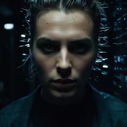 a person with spiked hair and a serious look on their face