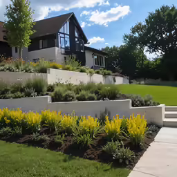 a garden of various plants next to a modern house