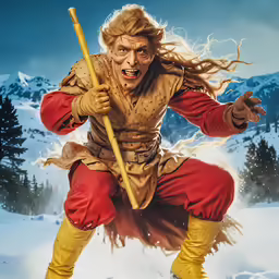a man with a spear standing in the snow