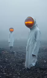 two men in white work clothes walking through the fog