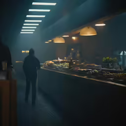 a man stands at the counter in a dark restaurant