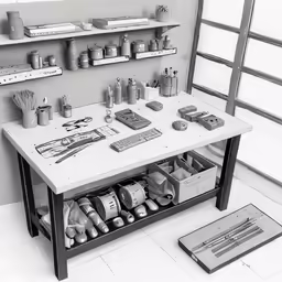 black and white photo of several shelves, shelves and tables with shoe polishing supplies