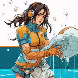 a young woman in headphones holding something