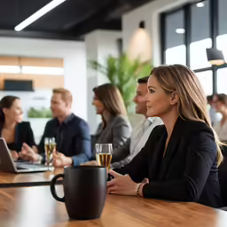 a business woman holding her cup of coffee in front of her laptop