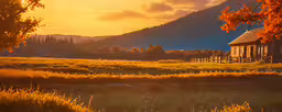 a beautiful sunset in the mountains above a small building,an open field at sunset with a cabin in the background